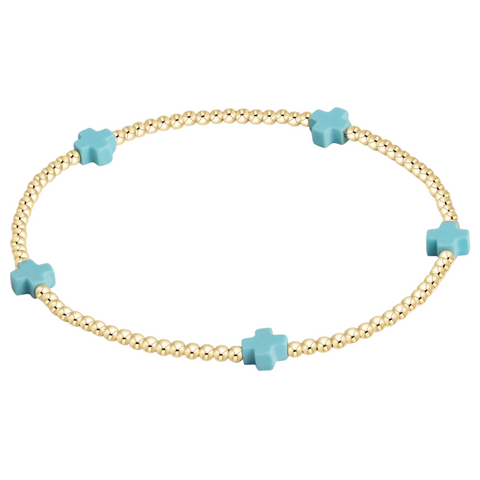 Signature Cross Small Gold Pattern 2mm Bead Bracelet - Turquoise