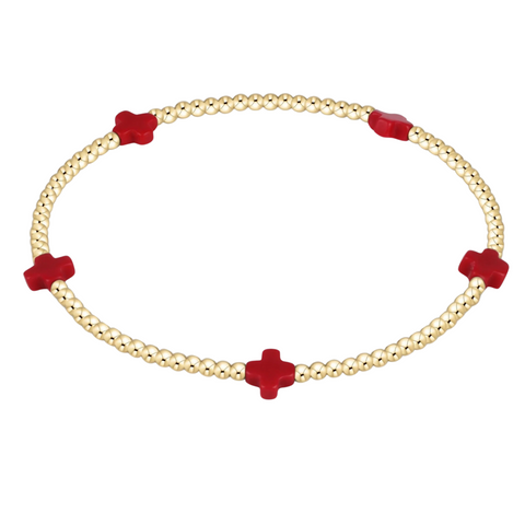 Signature Cross Small Gold Pattern 2mm Bead Bracelet Red