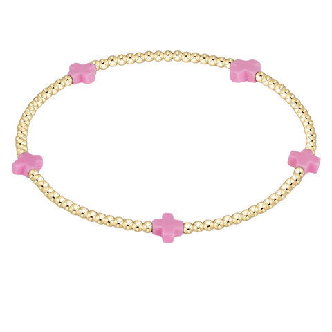 Signature Cross Small Gold Pattern 2mm Bead Bracelet - Bright Pink
