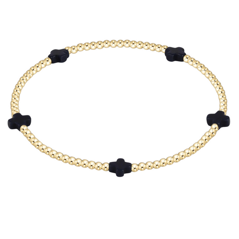 Signature Cross Small Gold Pattern 2mm Bead Bracelet - Navy
