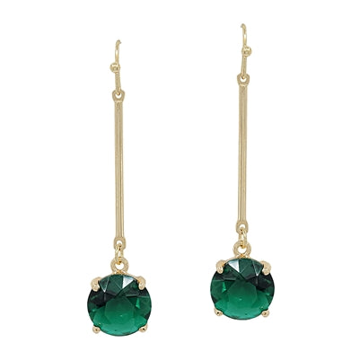 Green Crystal Stone Drop on Gold Bar 1.5" Earrings