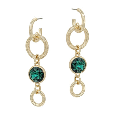 Gold Open Chain Emerald Green Crystal 1.5" Earrings