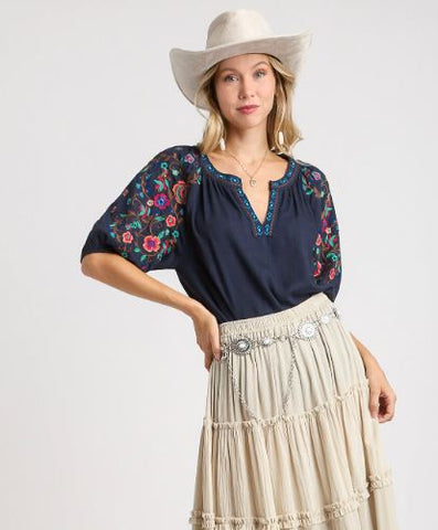 Emily Navy Embroidered Top