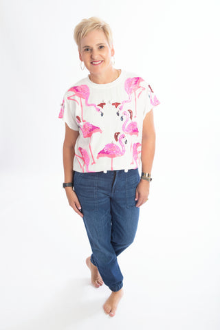 White Flamingos Santa Hat Sequin Tee