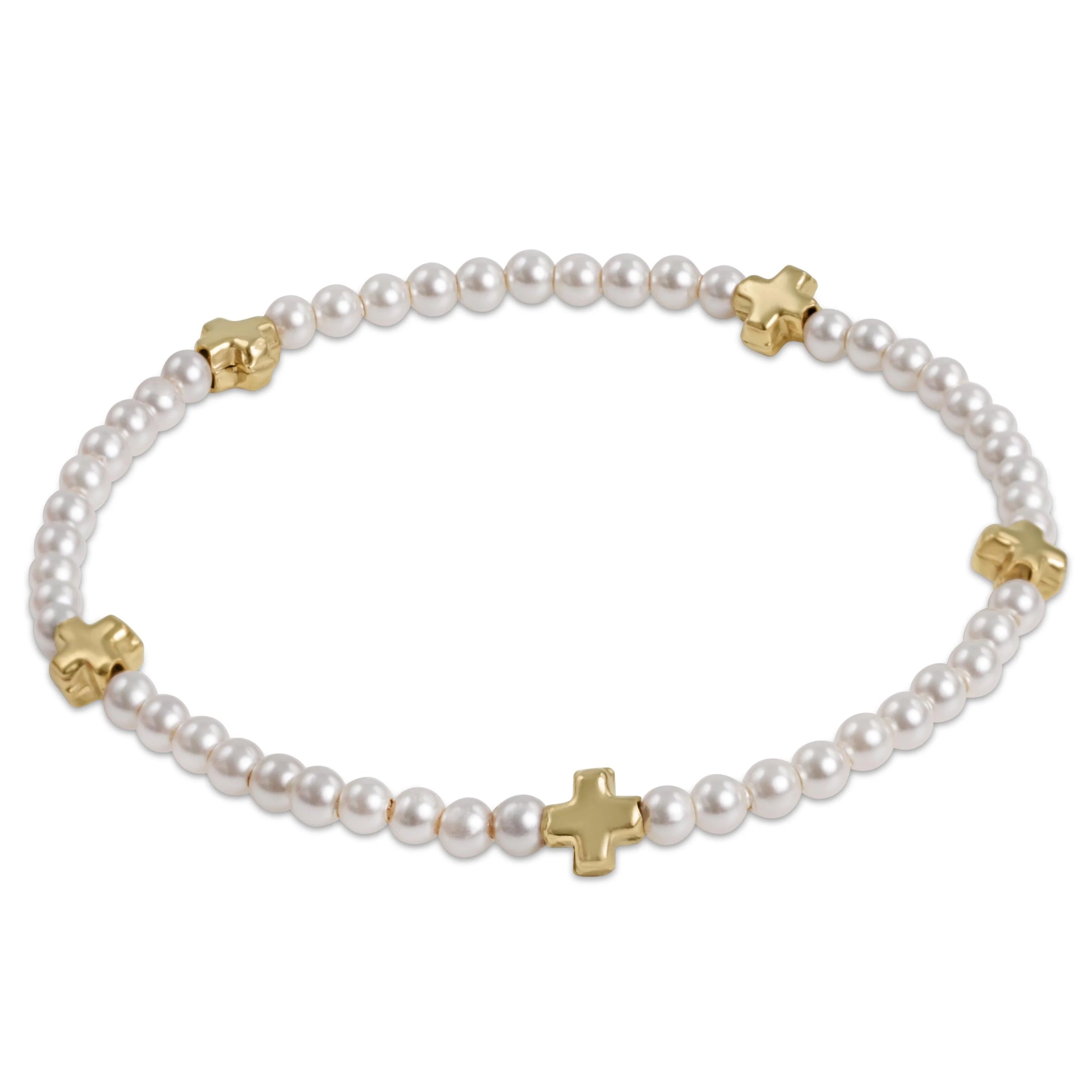 Small Signature Cross Pearl 3mm Gold Bracelet