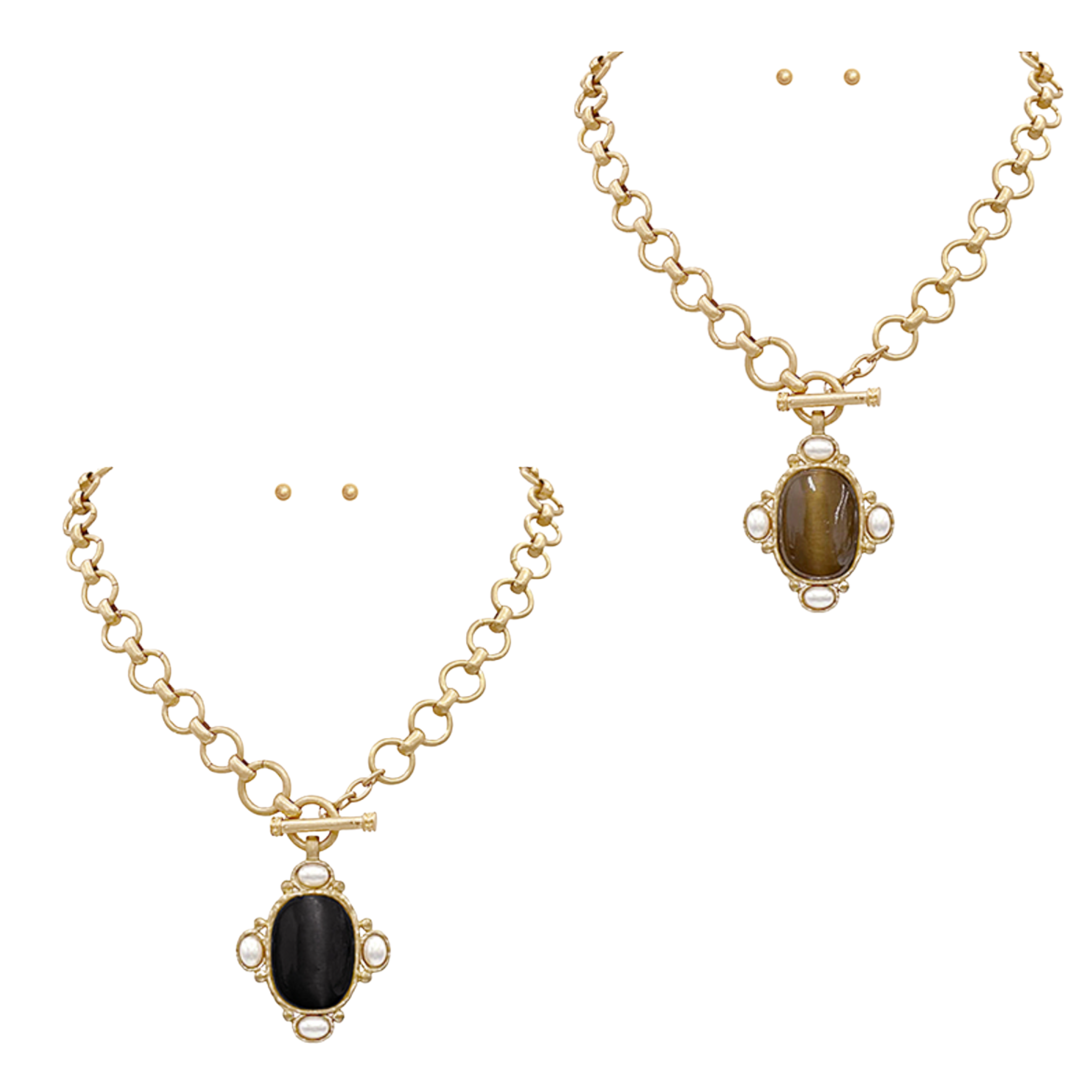 Oval Stone & Pearl Necklace Set