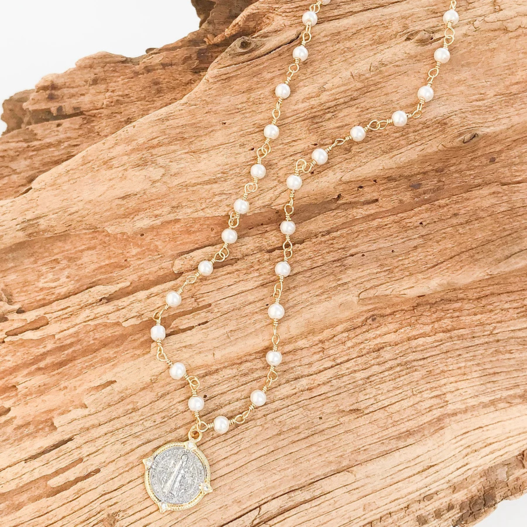 St Ben on Pearl Rosary Necklace
