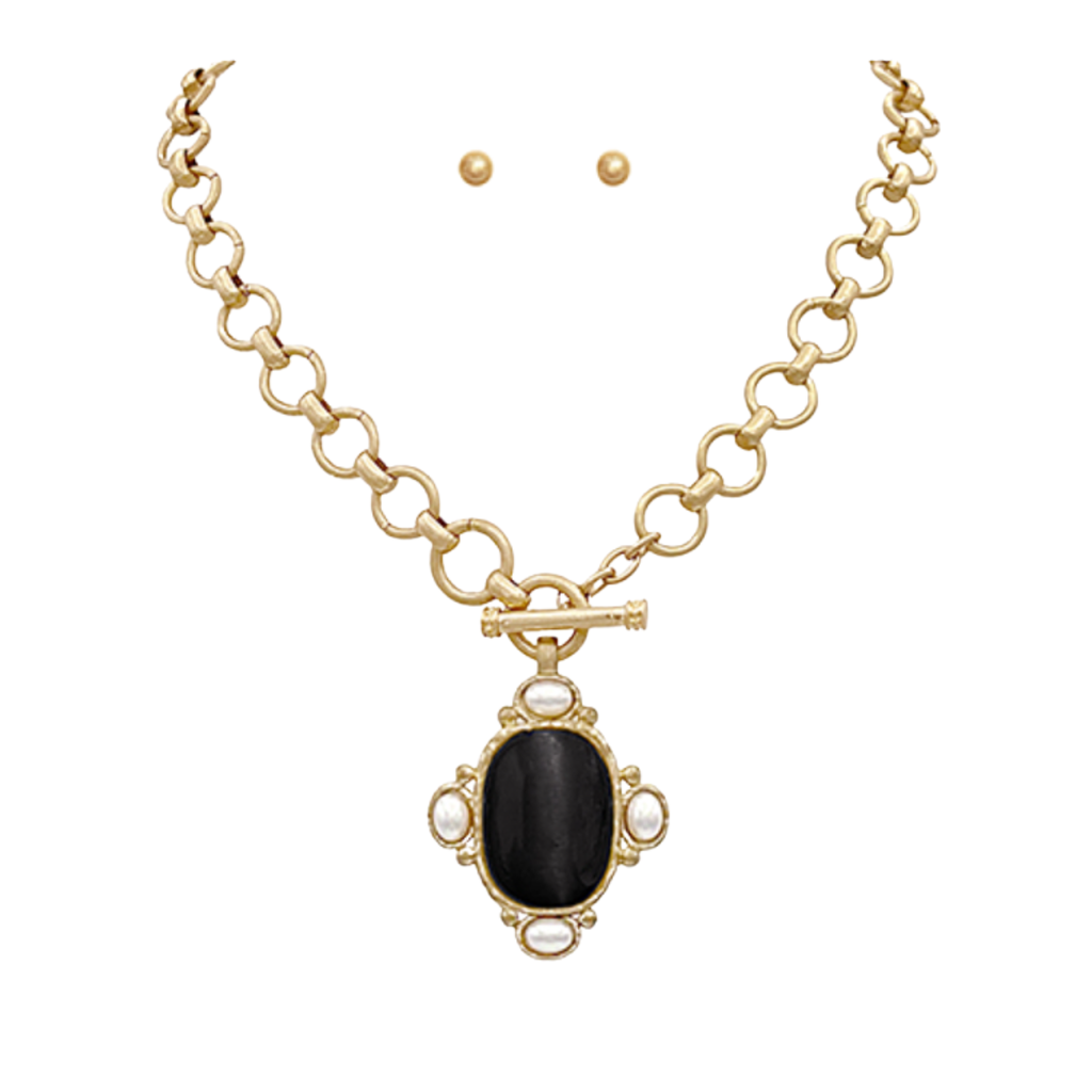 Oval Stone & Pearl Necklace Set