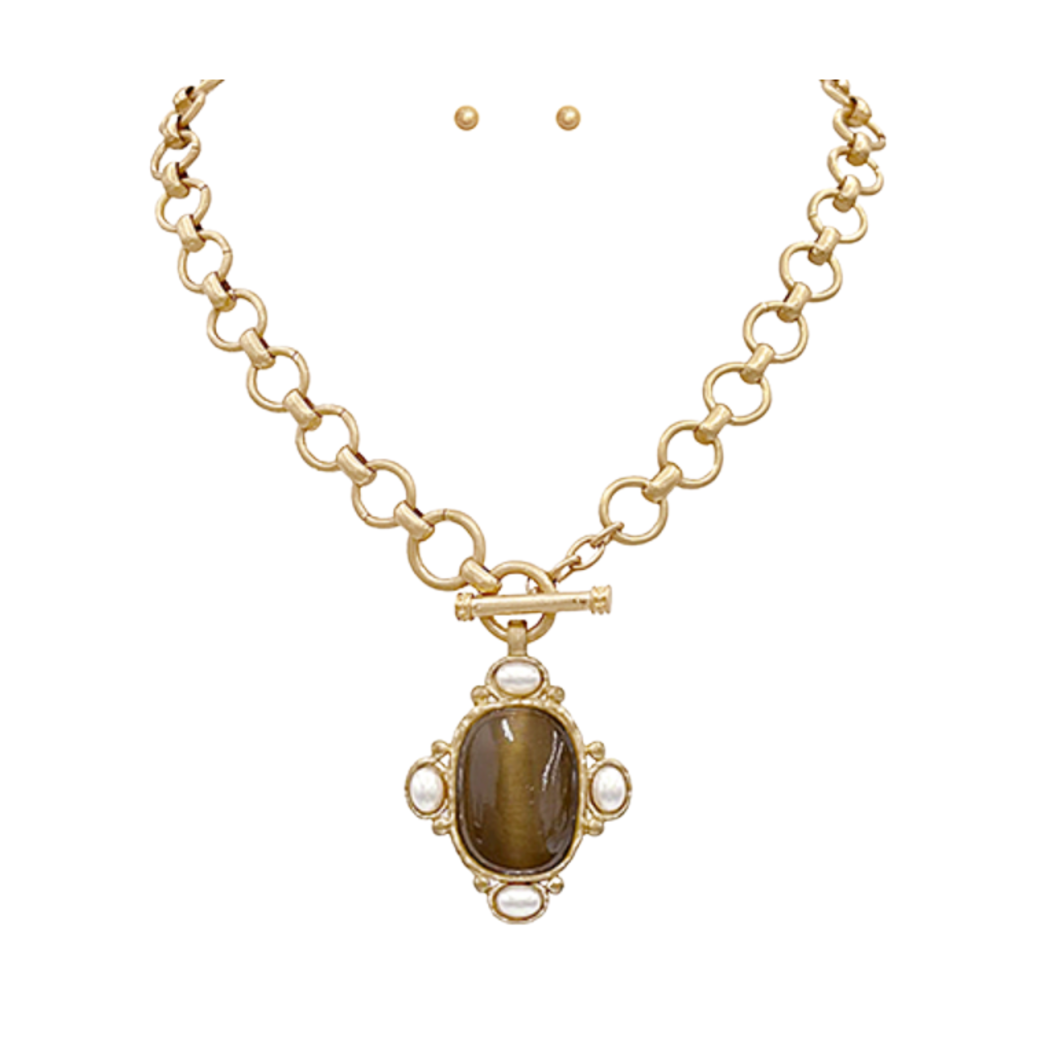Oval Stone & Pearl Necklace Set
