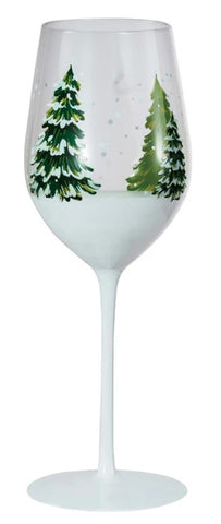 12 oz. Hand-Painted Stemmed Wine Glass w/ Trees & Snow, Green & White