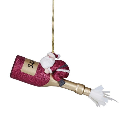 Glass Champagne Bottle Ornament w/ Resin Santa & Glitter