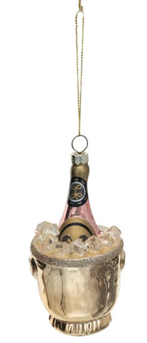 Glass Ice Bucket w/ Champagne Bottle & Glitter Ornament, Gold Finish, Pink