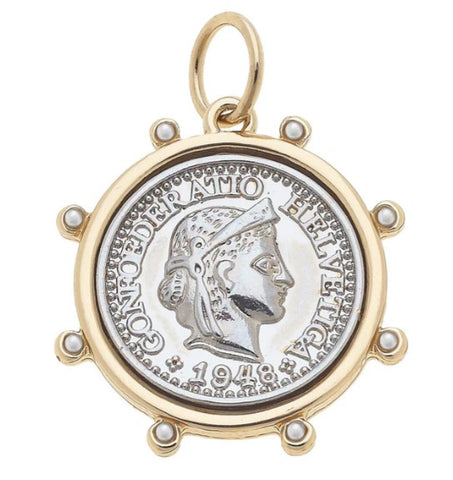 Pearl Studded Coin Charm in Shiny Two Tone