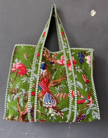 Green Bird Print Quilted Tote