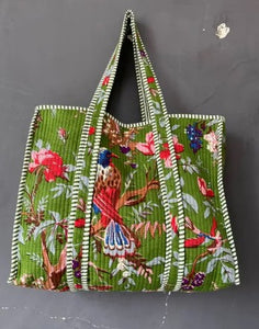 Green Bird Print Quilted Tote