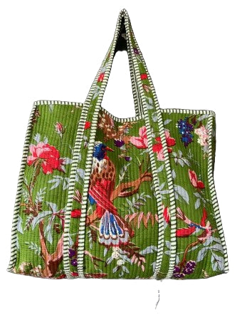 Green Bird Print Quilted Tote