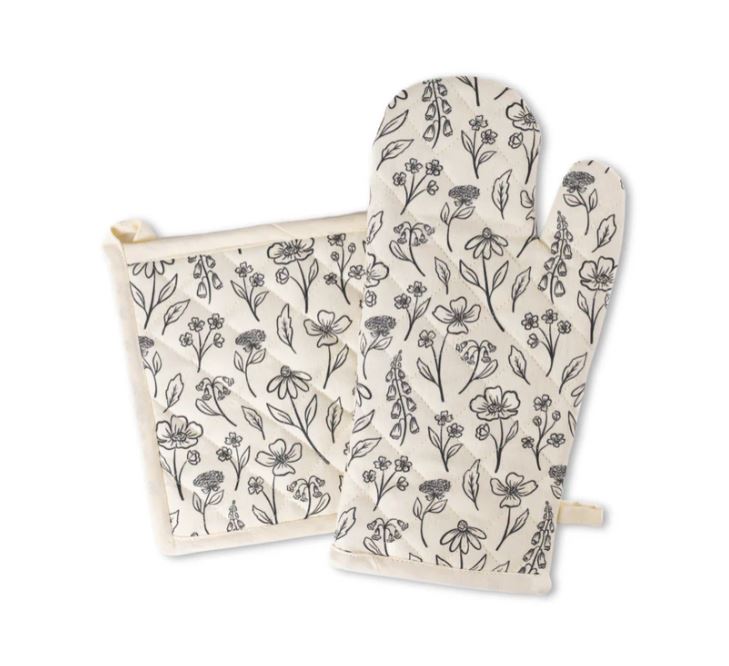 Oven Mitt & Pot Holder - Black Cream Floral