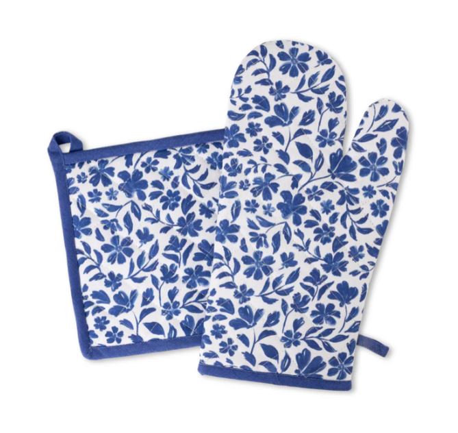Oven Mitt & Pot Holder - Blue Floral