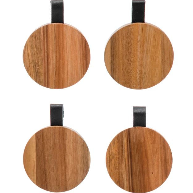 Round Acacia Coaster with Leather Tab