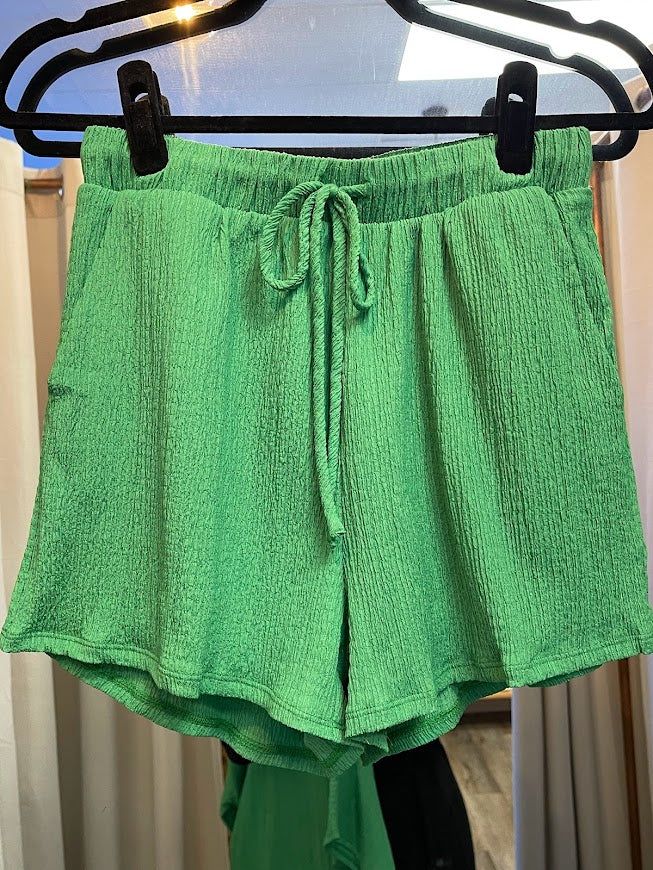 Green Textured Elastic Shorts