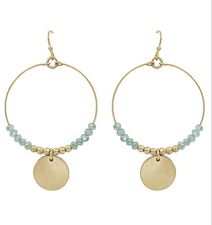 Gold Circle Earrings with Mint Beads