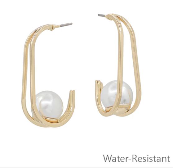 Gold Geometric Hoop with Pearl Accent 1.25" Earring