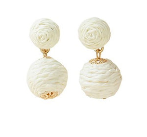 White Raffia Ball Dangle Earrings