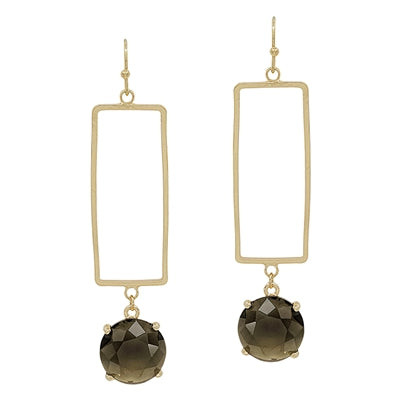 Open Gold Rectangle with Black Diamond Crystal Drop 2" Earring