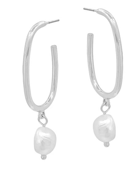 Silver Oval Hoop Freshwater Pearl Earring