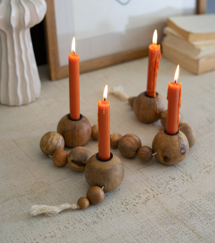 Wooden Bead Taper Candle Holder