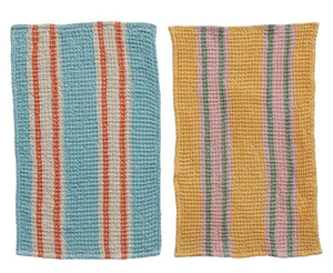 Woven Cotton Waffle Weave Tea Towel w/ Stripes, 2 Styles