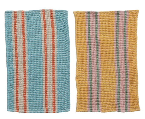 Woven Cotton Waffle Weave Tea Towel w/ Stripes, 2 Styles