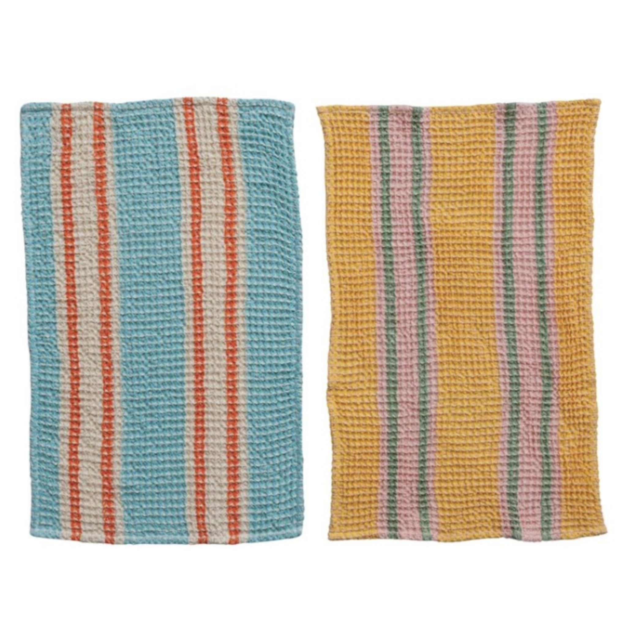 Woven Cotton Waffle Weave Tea Towel w/ Stripes, 2 Styles