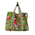 Green Bird Print Quilted Tote