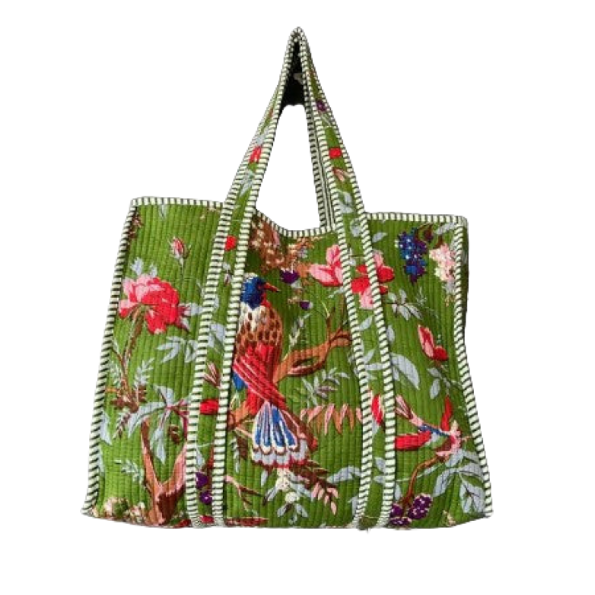Green Bird Print Quilted Tote
