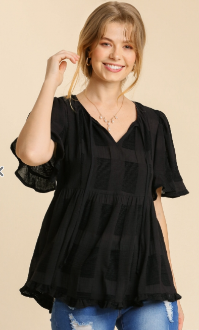 Black Textured Babydoll Top